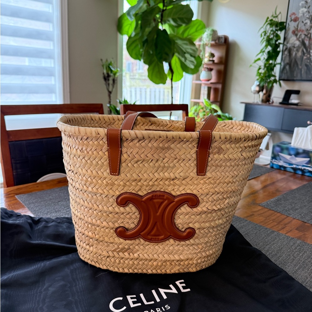 Celine Tan Woven Tote with Leather Emblem